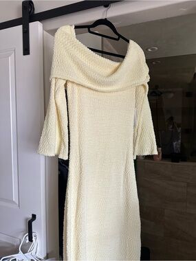 Butter Yellow Off-Shoulder Bouclé Long Sleeve Dress